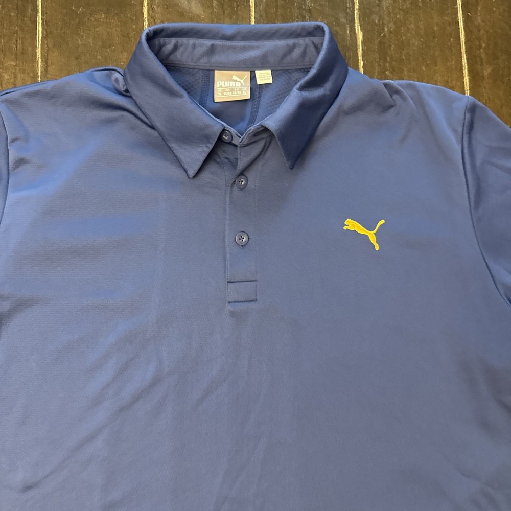 PUMA Men's XL Blue Performance Golf Polo Shirt Yellow Logo Breathable Athletic